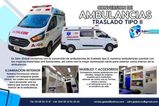 En Sdm Global Mexico Fabricacion conversion equipamiento y venta de Ambulancias de traslado en Mexico, somos fabricantes directos en Mexico. Sdm Global Mexico empresa 100% especializada en la venta fabricación conversión equipamiento de diferentes tipos de ambulancias de traslado y vehículos de emergencia, ofreciendo soluciones personalizadas para diversas necesidades en el mercado nacional.Dedicados a la fabricación de ambulancias y patrullas, ofreciendo servicios relacionados con la seguridad y emergencias, venta de unidades médicas móviles y ambulancias, además de carrocerías industriales,Somos un fabricante mexicano con más de 15 años de experiencia, especializado en la fabricación y comercialización de ambulancias y vehículos de rescate, con un enfoque en la alta calidad y el cumplimiento de normativas mexicanas.Diseñamos y equipamos ambulancias con la tecnología y los materiales necesarios para asegurar funcionalidad y seguridad, cumpliendo con las normativas mexicanas.En Sdm Global Mexico nos dedicamos a la Fabricacion conversion equipamiento y venta de Unidades Moviles Medicas Especiales en Mexico, somos fabricantes directos en Mexico.